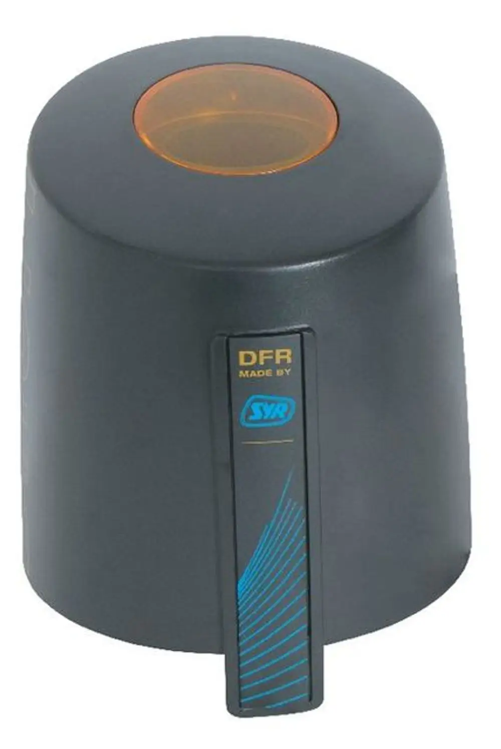Schwarze Schutzhaube mit einem orangefarbenen Einsatz oben und blauer Schrift von Syr. Die Haube hat eine schlichte, runde Form und ein seitliches Design mit Markierung.